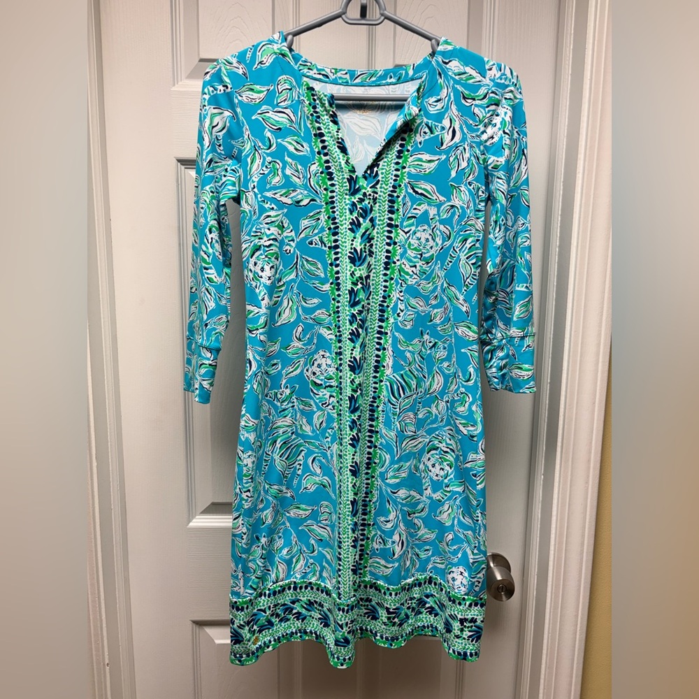Lilly Pulitzer Blue & Green Printed 3/4 Sleeve Shift Dress | XS